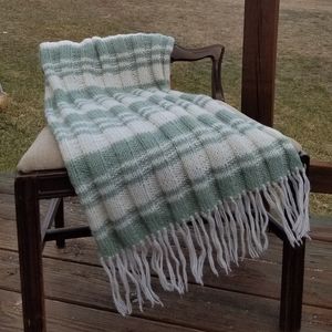 Sage green & white knitted scarf